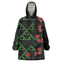 Hawaiian Green Kakau Art Tattoo-Ohia Lehua and Taro Leaves Wearable Blanket Hoodie LT03 One Size Black-Green - Polynesian Pride