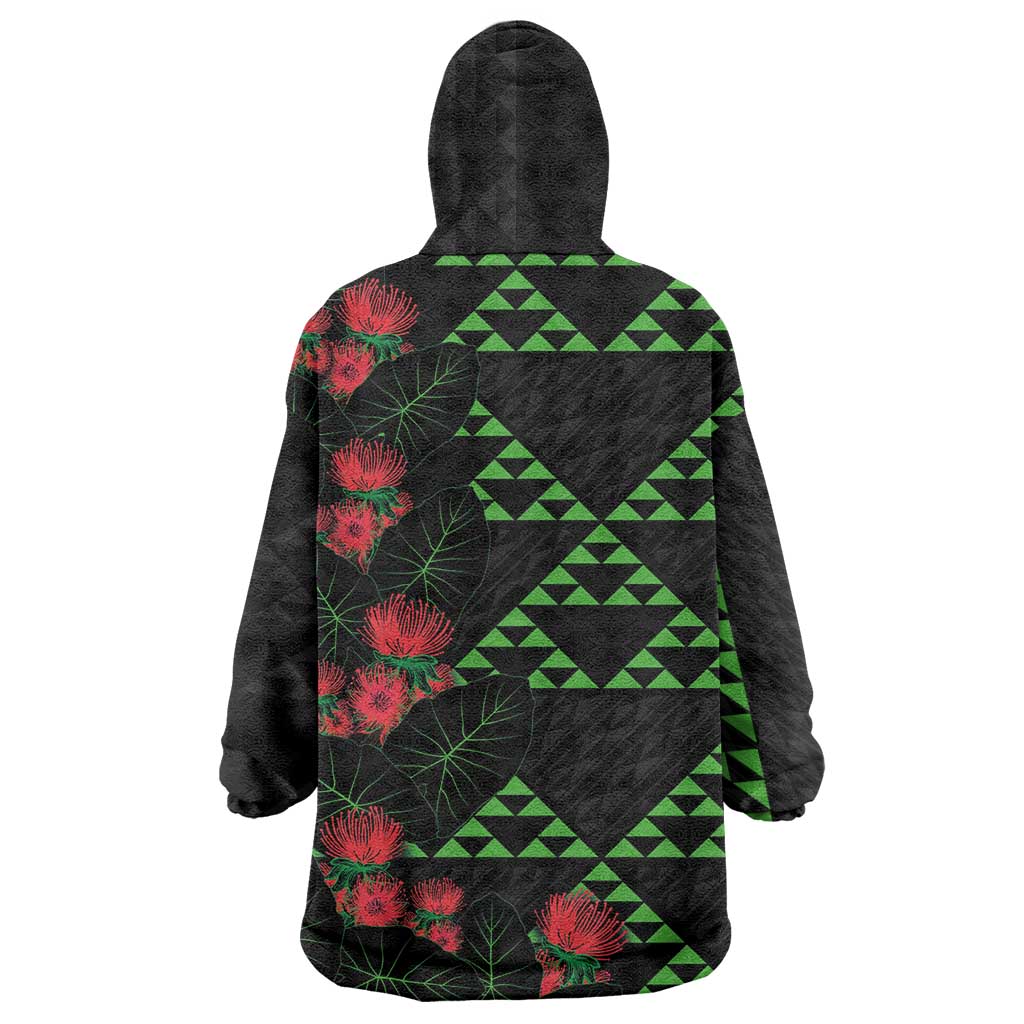 Hawaiian Green Kakau Art Tattoo-Ohia Lehua and Taro Leaves Wearable Blanket Hoodie LT03 - Polynesian Pride