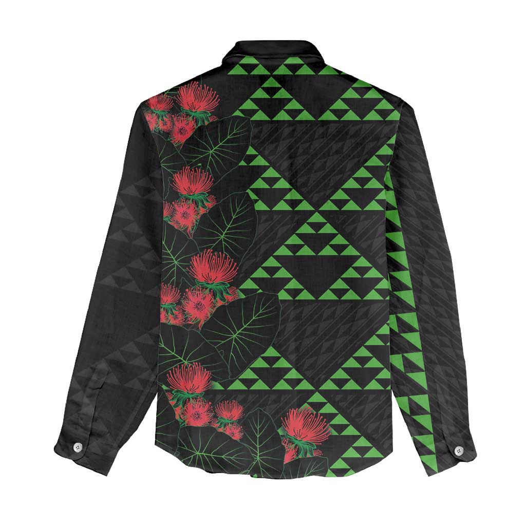 Hawaiian Green Kakau Art Tattoo-Ohia Lehua and Taro Leaves Women Casual Shirt LT03 - Polynesian Pride