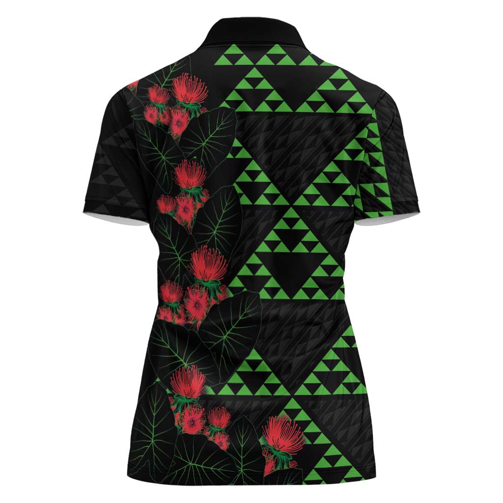 Hawaiian Green Kakau Art Tattoo-Ohia Lehua and Taro Leaves Women Polo Shirt LT03 - Polynesian Pride