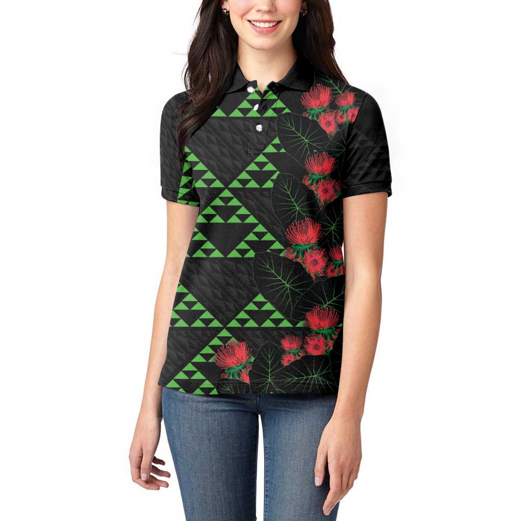 Hawaiian Green Kakau Art Tattoo-Ohia Lehua and Taro Leaves Women Polo Shirt LT03 - Polynesian Pride