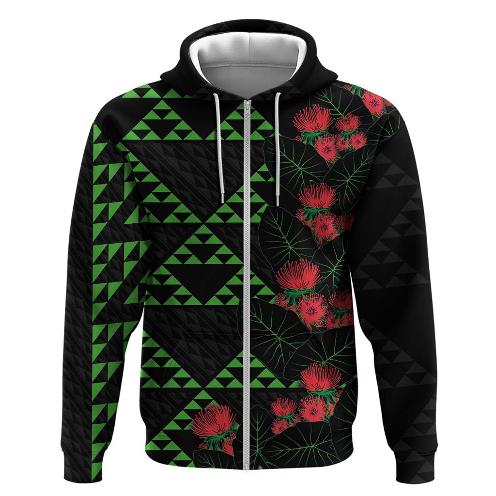 Hawaiian Green Kakau Art Tattoo-Ohia Lehua and Taro Leaves Zip Hoodie LT03 Zip Hoodie Black-Green - Polynesian Pride
