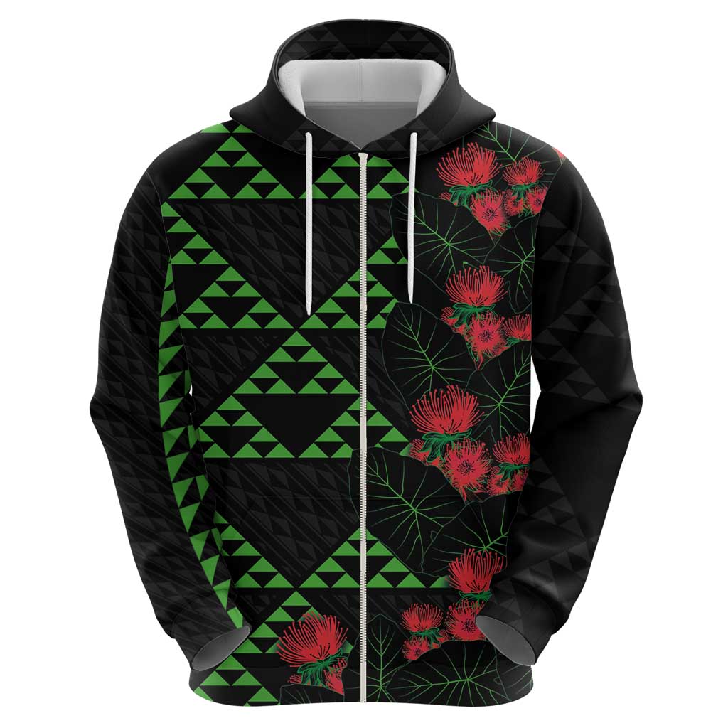 Hawaiian Green Kakau Art Tattoo-Ohia Lehua and Taro Leaves Zip Hoodie LT03 - Polynesian Pride