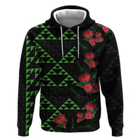 Hawaiian Green Kakau Art Tattoo-Ohia Lehua and Taro Leaves Zip Hoodie LT03 Pullover Hoodie Black-Green - Polynesian Pride