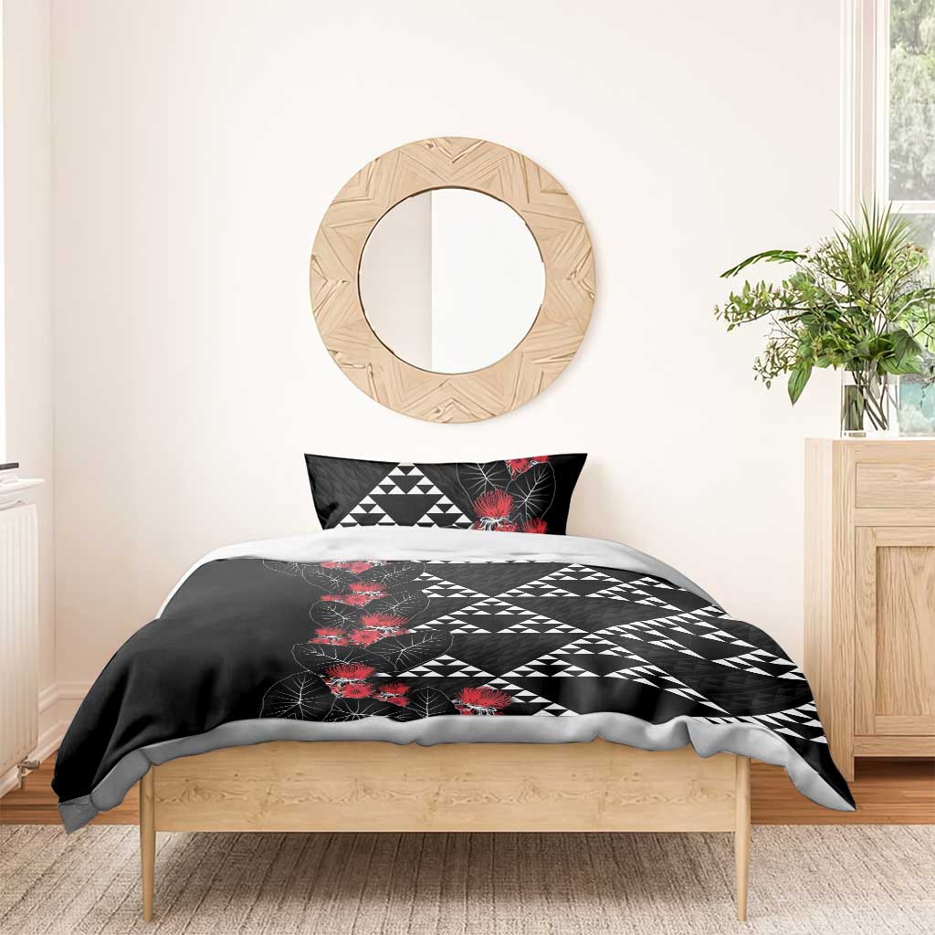 Hawaiian White Kakau Art Tattoo-Ohia Lehua and Taro Leaves Bedding Set