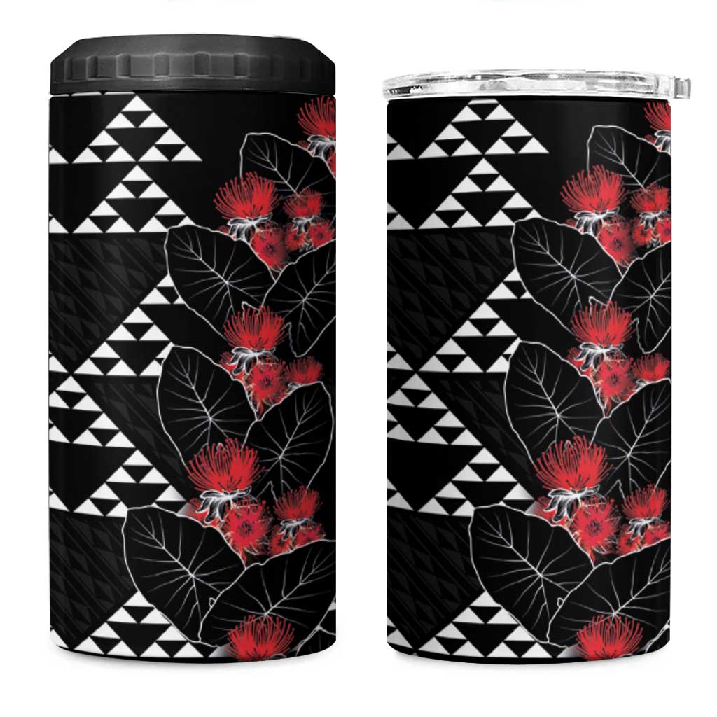 Hawaiian White Kakau Art Tattoo-Ohia Lehua and Taro Leaves 4 in 1 Can Cooler Tumbler LT03 One Size: 16 oz Black-White - Polynesian Pride