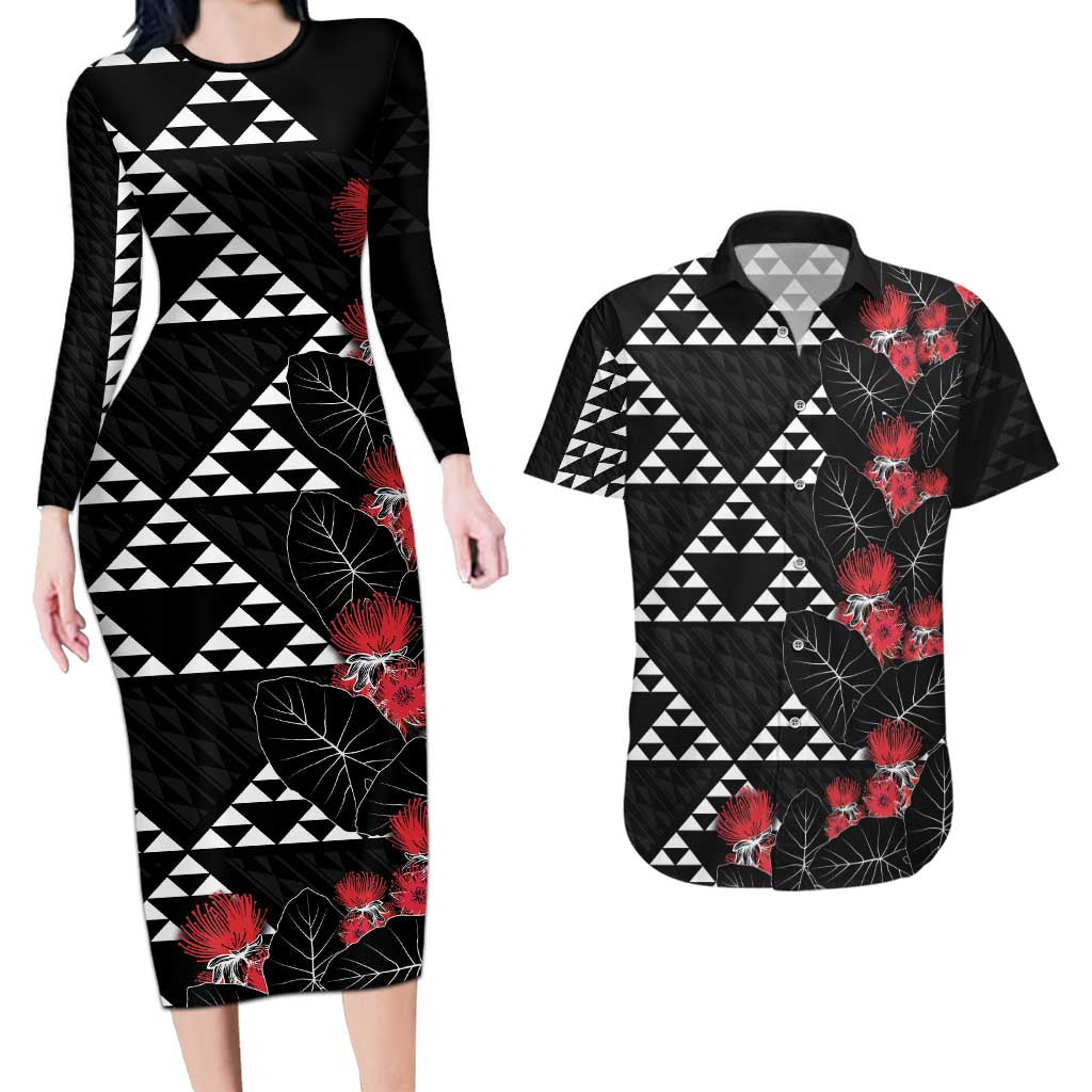 Hawaiian White Kakau Art Tattoo-Ohia Lehua and Taro Leaves Couples Matching Long Sleeve Bodycon Dress and Hawaiian Shirt LT03 Black-White - Polynesian Pride
