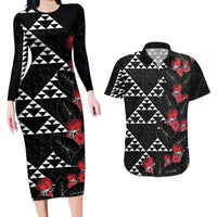 Hawaiian White Kakau Art Tattoo-Ohia Lehua and Taro Leaves Couples Matching Long Sleeve Bodycon Dress and Hawaiian Shirt LT03 Black-White - Polynesian Pride