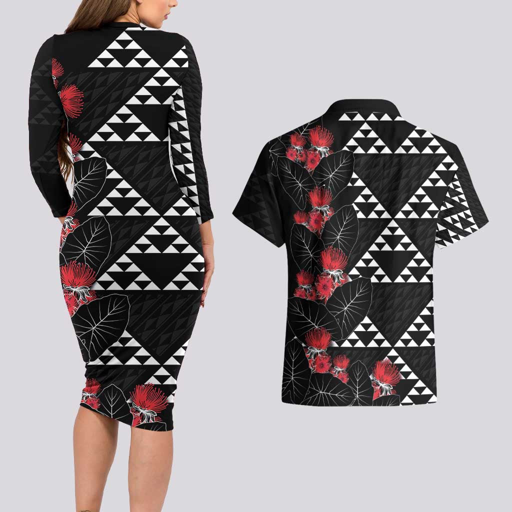 Hawaiian White Kakau Art Tattoo-Ohia Lehua and Taro Leaves Couples Matching Long Sleeve Bodycon Dress and Hawaiian Shirt LT03 - Polynesian Pride