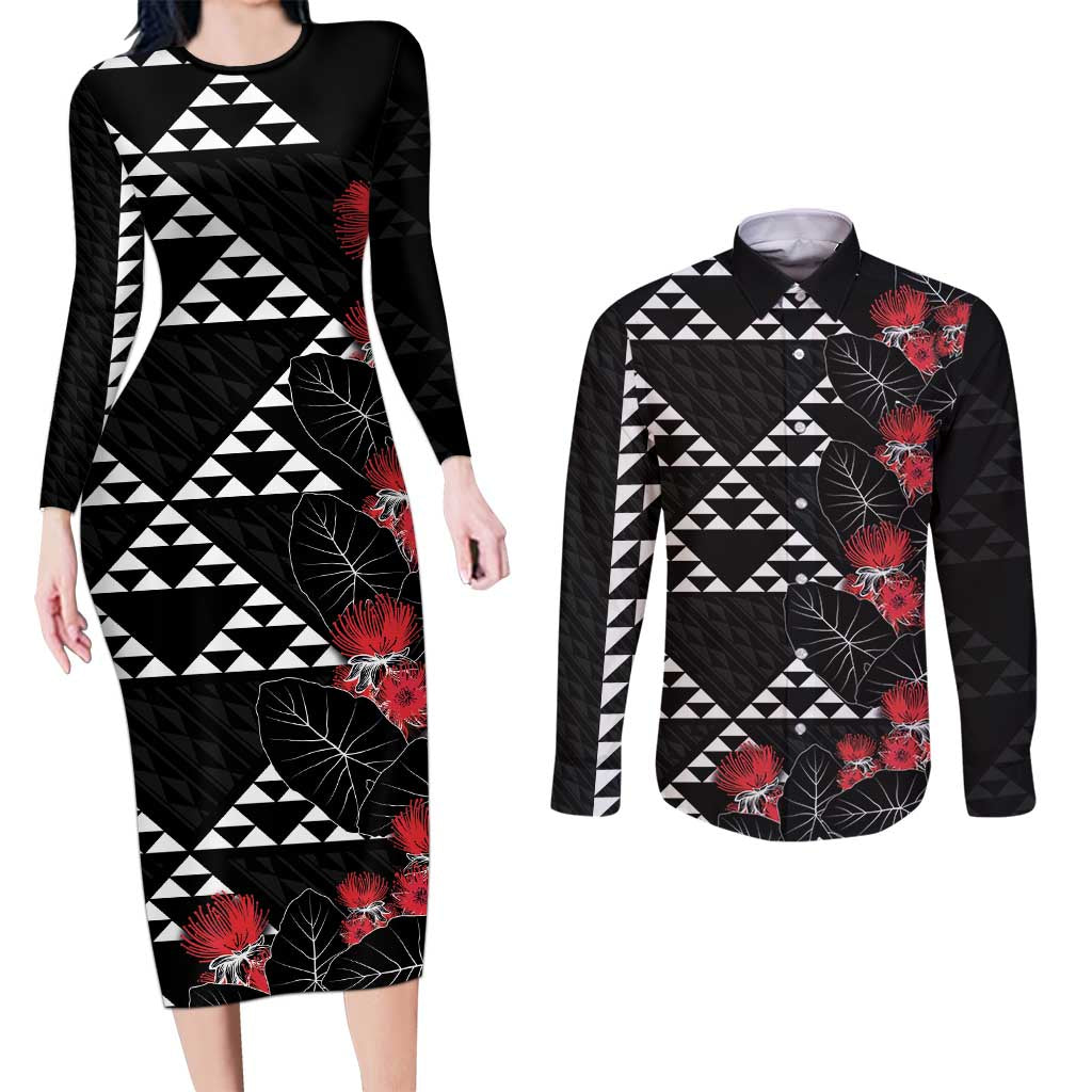Hawaiian White Kakau Art Tattoo-Ohia Lehua and Taro Leaves Couples Matching Long Sleeve Bodycon Dress and Long Sleeve Button Shirt LT03 Black-White - Polynesian Pride