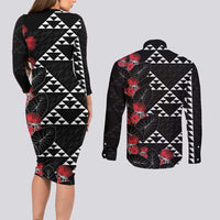 Hawaiian White Kakau Art Tattoo-Ohia Lehua and Taro Leaves Couples Matching Long Sleeve Bodycon Dress and Long Sleeve Button Shirt LT03 - Polynesian Pride