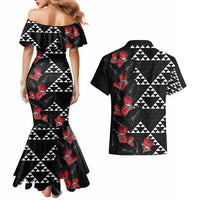 Hawaiian White Kakau Art Tattoo-Ohia Lehua and Taro Leaves Couples Matching Mermaid Dress and Hawaiian Shirt LT03 - Polynesian Pride
