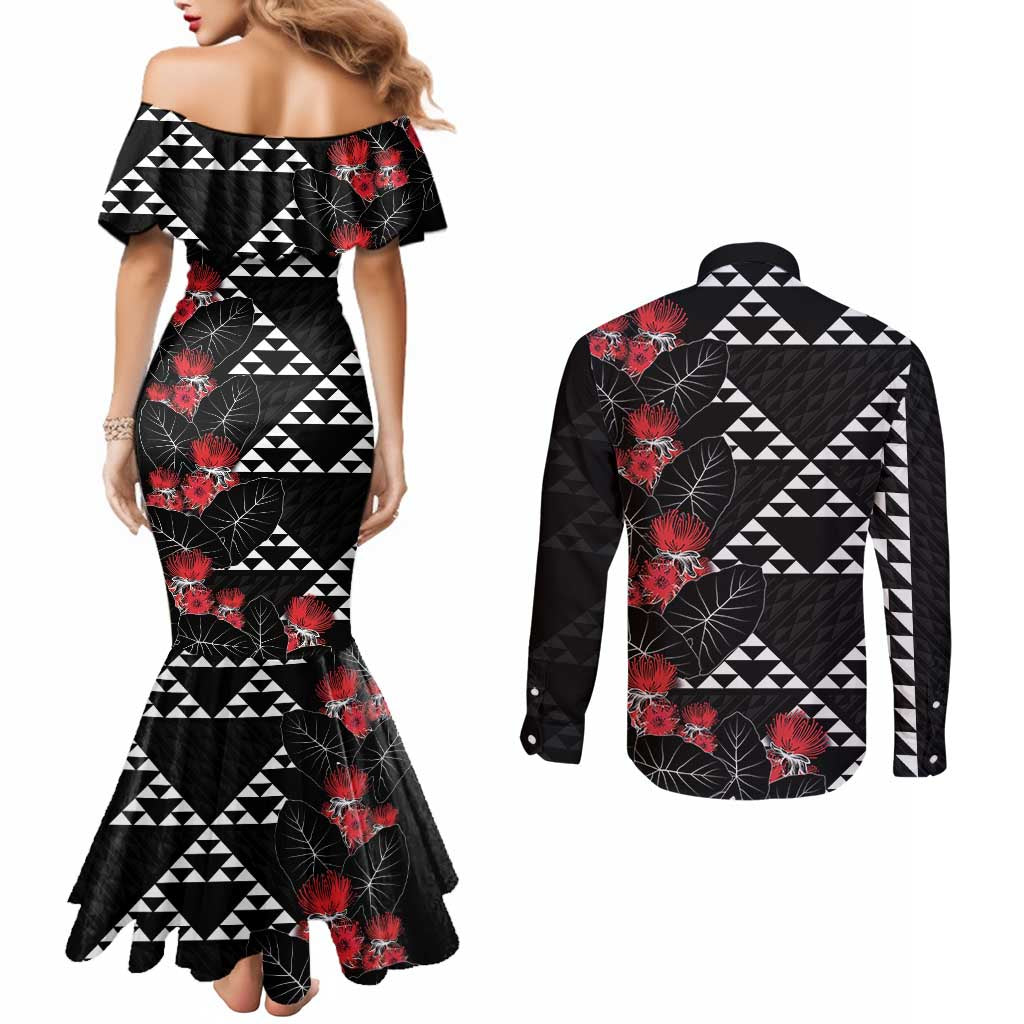 Hawaiian White Kakau Art Tattoo-Ohia Lehua and Taro Leaves Couples Matching Mermaid Dress and Long Sleeve Button Shirt LT03 - Polynesian Pride