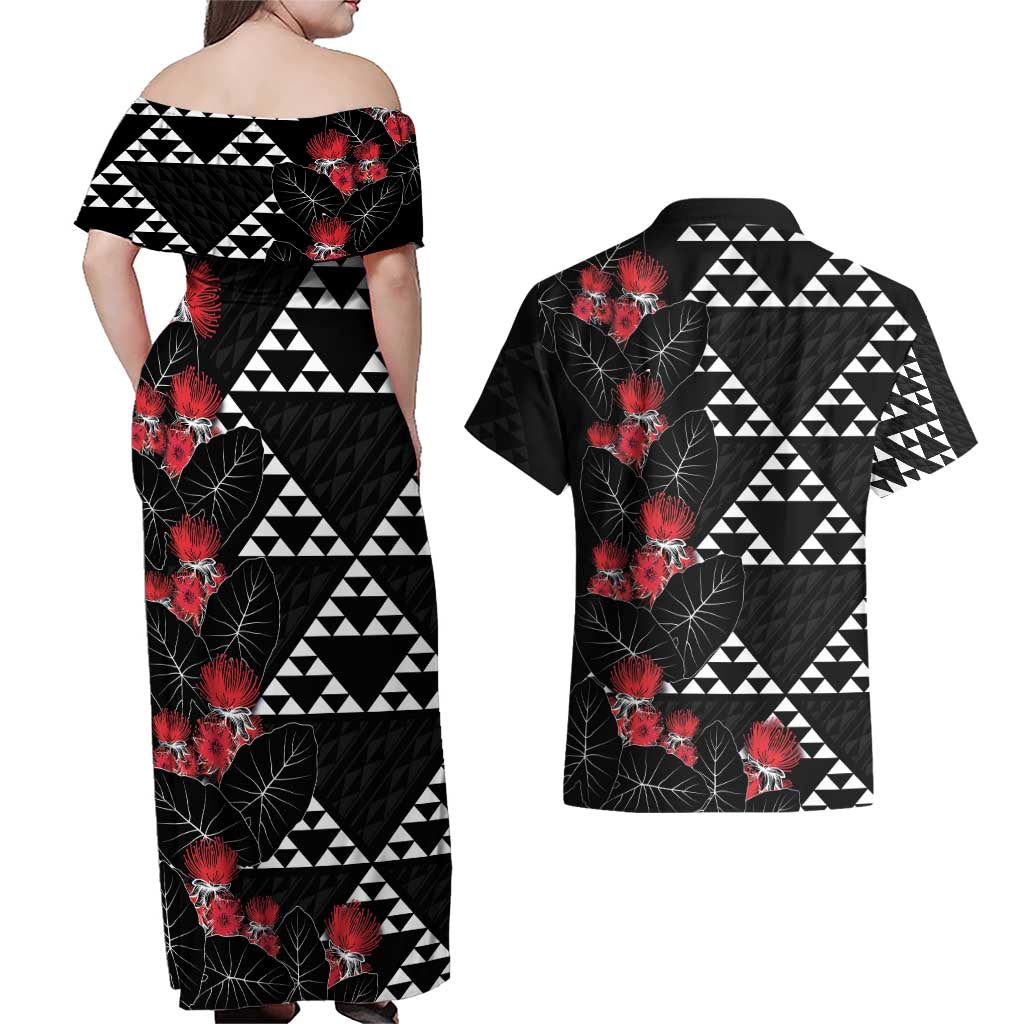 Hawaiian White Kakau Art Tattoo-Ohia Lehua and Taro Leaves Couples Matching Off Shoulder Maxi Dress and Hawaiian Shirt LT03 - Polynesian Pride