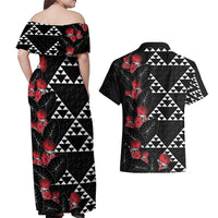 Hawaiian White Kakau Art Tattoo-Ohia Lehua and Taro Leaves Couples Matching Off Shoulder Maxi Dress and Hawaiian Shirt LT03 - Polynesian Pride