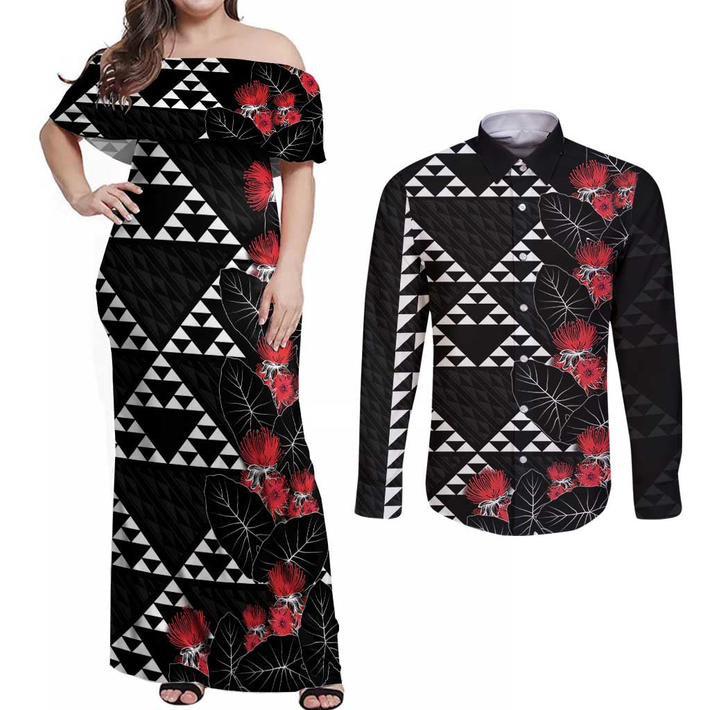 Hawaiian White Kakau Art Tattoo-Ohia Lehua and Taro Leaves Couples Matching Off Shoulder Maxi Dress and Long Sleeve Button Shirt LT03 Black-White - Polynesian Pride