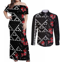 Hawaiian White Kakau Art Tattoo-Ohia Lehua and Taro Leaves Couples Matching Off Shoulder Maxi Dress and Long Sleeve Button Shirt LT03 Black-White - Polynesian Pride