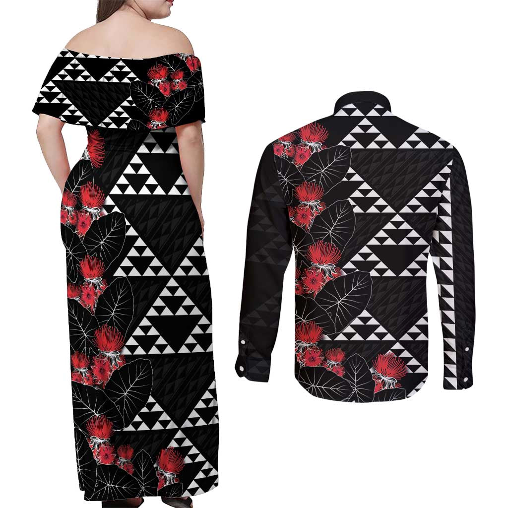 Hawaiian White Kakau Art Tattoo-Ohia Lehua and Taro Leaves Couples Matching Off Shoulder Maxi Dress and Long Sleeve Button Shirt LT03 - Polynesian Pride