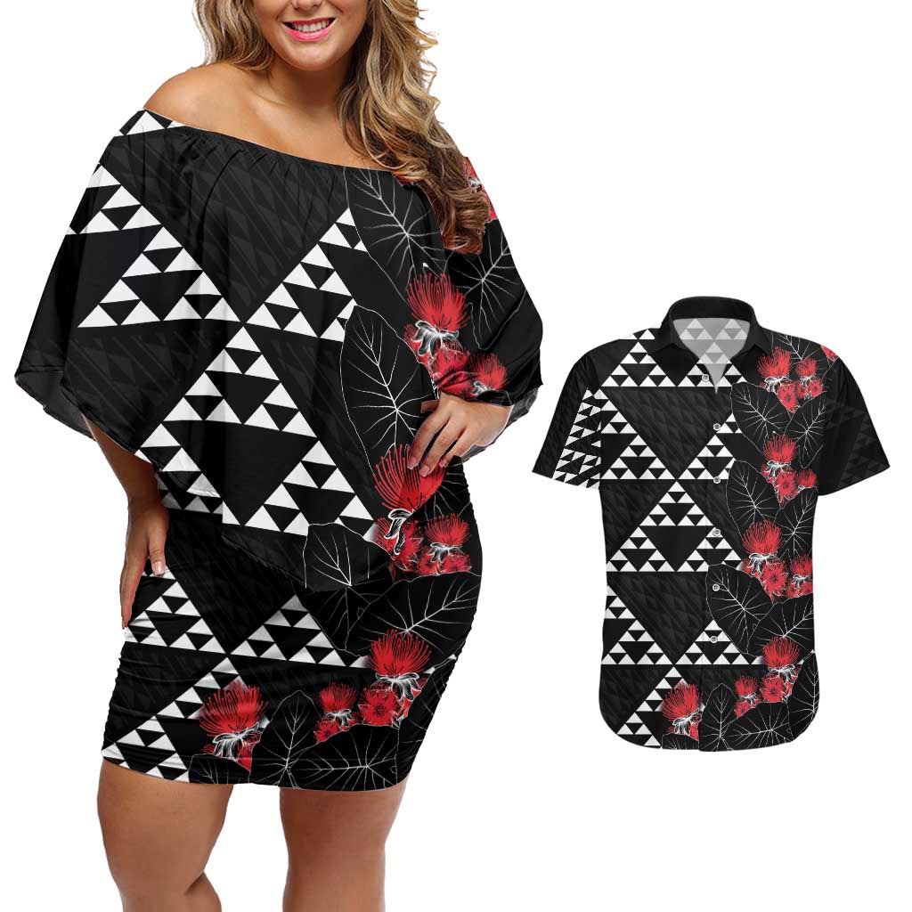 Hawaiian White Kakau Art Tattoo-Ohia Lehua and Taro Leaves Couples Matching Off Shoulder Short Dress and Hawaiian Shirt LT03 Black-White - Polynesian Pride