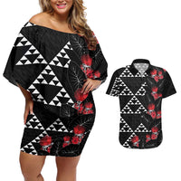 Hawaiian White Kakau Art Tattoo-Ohia Lehua and Taro Leaves Couples Matching Off Shoulder Short Dress and Hawaiian Shirt LT03 Black-White - Polynesian Pride