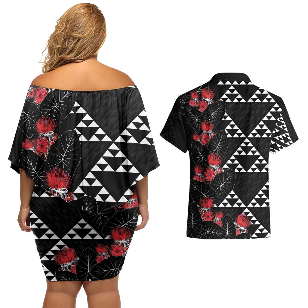 Hawaiian White Kakau Art Tattoo-Ohia Lehua and Taro Leaves Couples Matching Off Shoulder Short Dress and Hawaiian Shirt LT03 - Polynesian Pride
