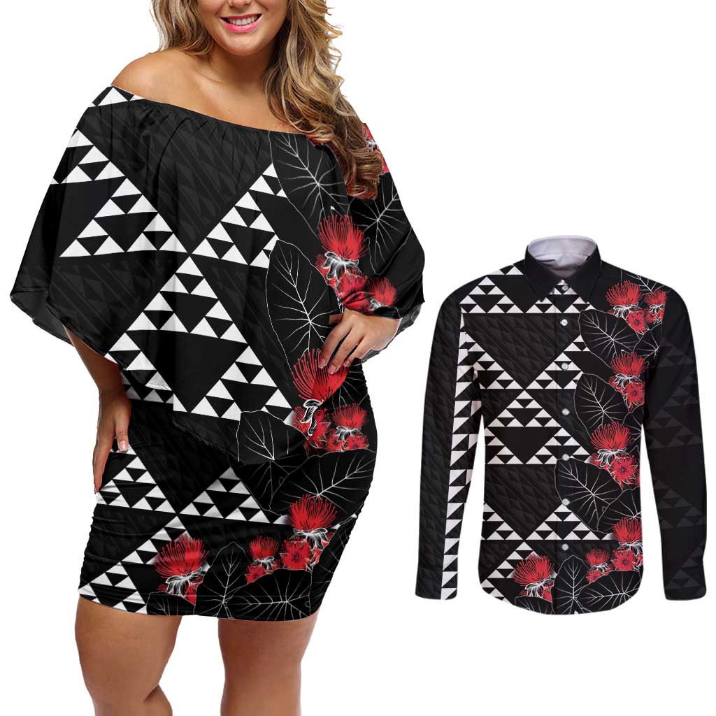 Hawaiian White Kakau Art Tattoo-Ohia Lehua and Taro Leaves Couples Matching Off Shoulder Short Dress and Long Sleeve Button Shirt LT03 Black-White - Polynesian Pride