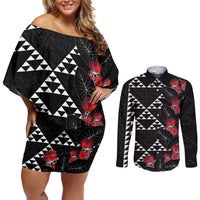 Hawaiian White Kakau Art Tattoo-Ohia Lehua and Taro Leaves Couples Matching Off Shoulder Short Dress and Long Sleeve Button Shirt LT03 Black-White - Polynesian Pride