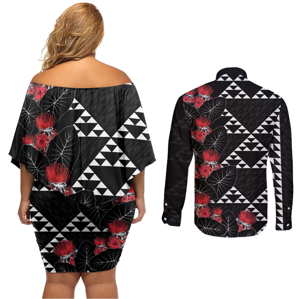 Hawaiian White Kakau Art Tattoo-Ohia Lehua and Taro Leaves Couples Matching Off Shoulder Short Dress and Long Sleeve Button Shirt LT03 - Polynesian Pride
