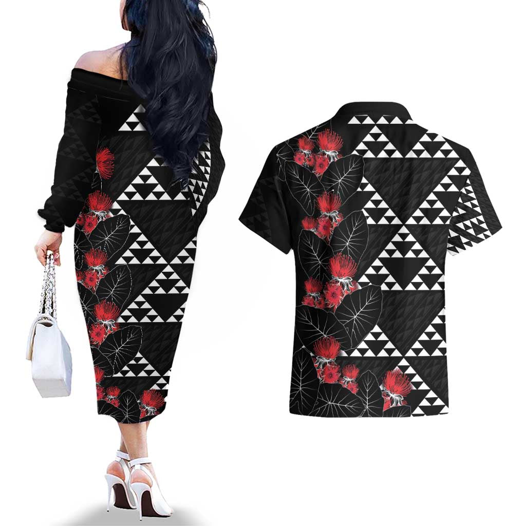 Hawaiian White Kakau Art Tattoo-Ohia Lehua and Taro Leaves Couples Matching Off The Shoulder Long Sleeve Dress and Hawaiian Shirt LT03 - Polynesian Pride