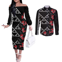 Hawaiian White Kakau Art Tattoo-Ohia Lehua and Taro Leaves Couples Matching Off The Shoulder Long Sleeve Dress and Long Sleeve Button Shirt LT03 Black-White - Polynesian Pride