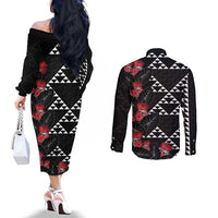 Hawaiian White Kakau Art Tattoo-Ohia Lehua and Taro Leaves Couples Matching Off The Shoulder Long Sleeve Dress and Long Sleeve Button Shirt LT03 - Polynesian Pride