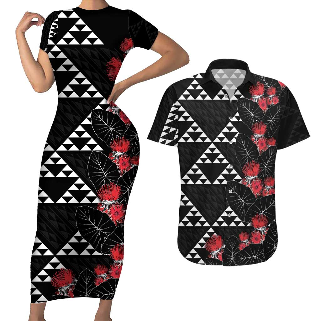 Hawaiian White Kakau Art Tattoo-Ohia Lehua and Taro Leaves Couples Matching Short Sleeve Bodycon Dress and Hawaiian Shirt LT03 Black-White - Polynesian Pride