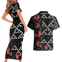 Hawaiian White Kakau Art Tattoo-Ohia Lehua and Taro Leaves Couples Matching Short Sleeve Bodycon Dress and Hawaiian Shirt LT03 - Polynesian Pride