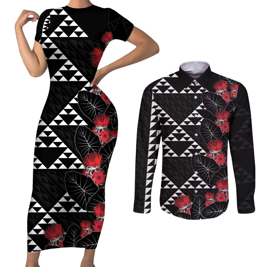 Hawaiian White Kakau Art Tattoo-Ohia Lehua and Taro Leaves Couples Matching Short Sleeve Bodycon Dress and Long Sleeve Button Shirt LT03 Black-White - Polynesian Pride