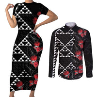 Hawaiian White Kakau Art Tattoo-Ohia Lehua and Taro Leaves Couples Matching Short Sleeve Bodycon Dress and Long Sleeve Button Shirt LT03 Black-White - Polynesian Pride