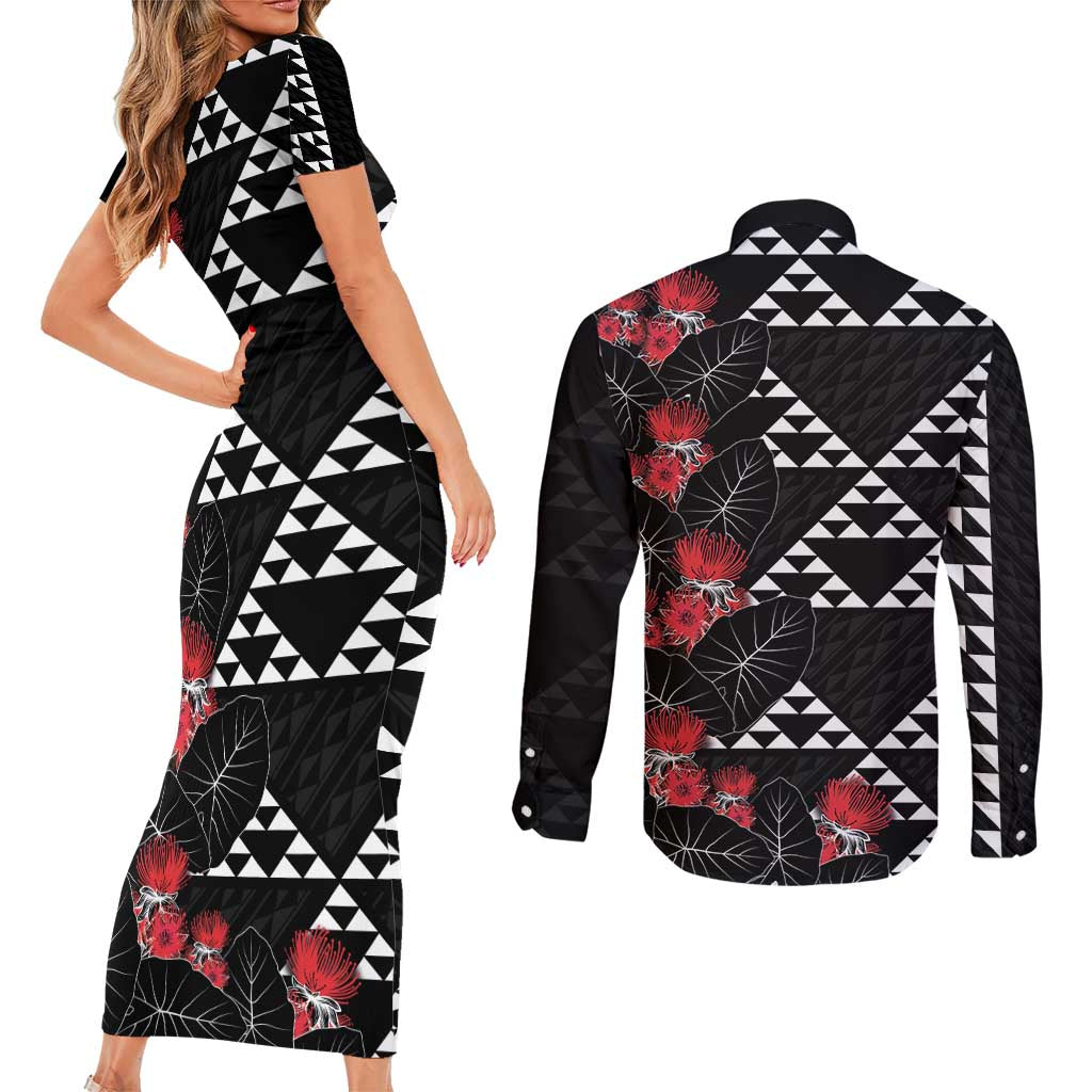 Hawaiian White Kakau Art Tattoo-Ohia Lehua and Taro Leaves Couples Matching Short Sleeve Bodycon Dress and Long Sleeve Button Shirt LT03 - Polynesian Pride