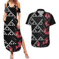 Hawaiian White Kakau Art Tattoo-Ohia Lehua and Taro Leaves Couples Matching Summer Maxi Dress and Hawaiian Shirt LT03 Black-White - Polynesian Pride