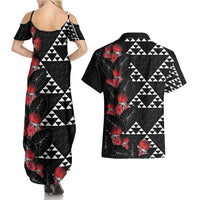 Hawaiian White Kakau Art Tattoo-Ohia Lehua and Taro Leaves Couples Matching Summer Maxi Dress and Hawaiian Shirt LT03 - Polynesian Pride