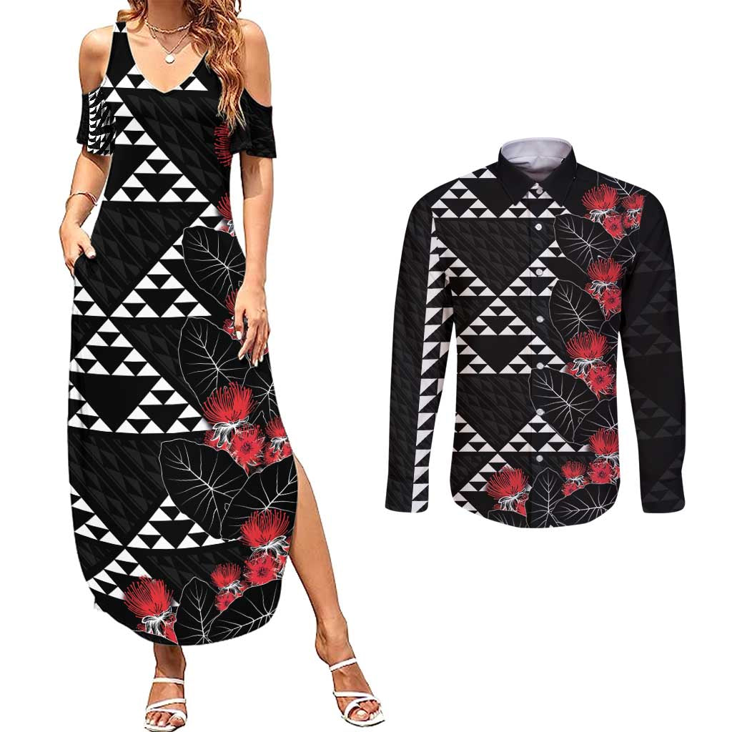 Hawaiian White Kakau Art Tattoo-Ohia Lehua and Taro Leaves Couples Matching Summer Maxi Dress and Long Sleeve Button Shirt LT03 Black-White - Polynesian Pride