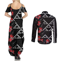 Hawaiian White Kakau Art Tattoo-Ohia Lehua and Taro Leaves Couples Matching Summer Maxi Dress and Long Sleeve Button Shirt LT03 - Polynesian Pride