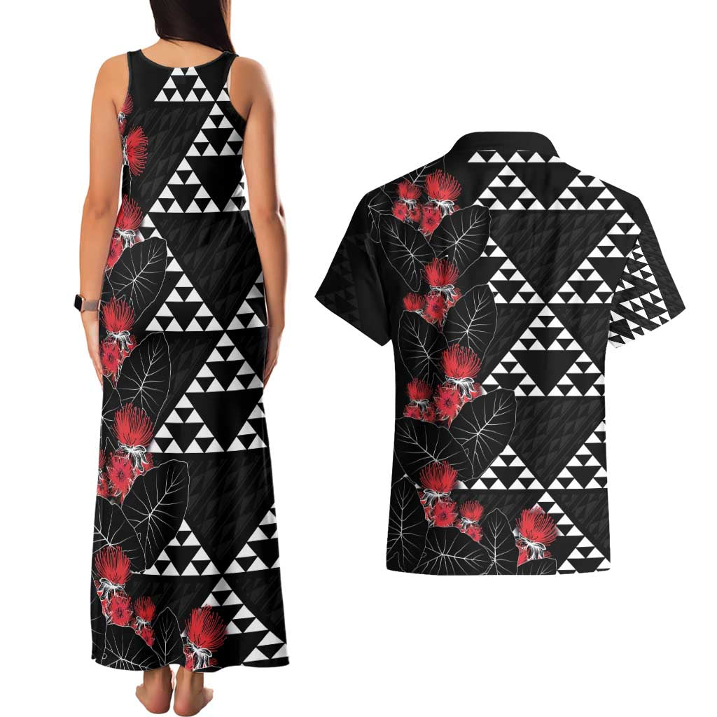 Hawaiian White Kakau Art Tattoo-Ohia Lehua and Taro Leaves Couples Matching Tank Maxi Dress and Hawaiian Shirt LT03 - Polynesian Pride