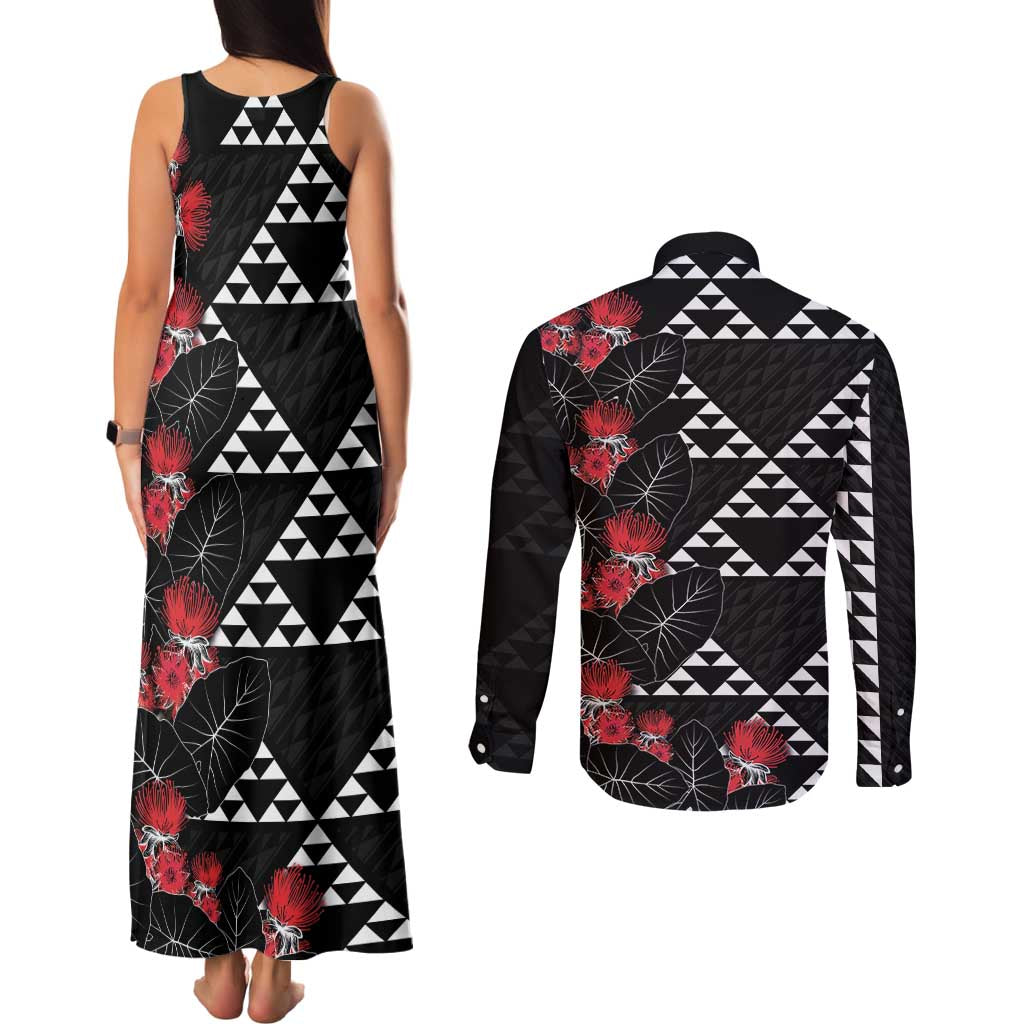 Hawaiian White Kakau Art Tattoo-Ohia Lehua and Taro Leaves Couples Matching Tank Maxi Dress and Long Sleeve Button Shirt LT03 - Polynesian Pride