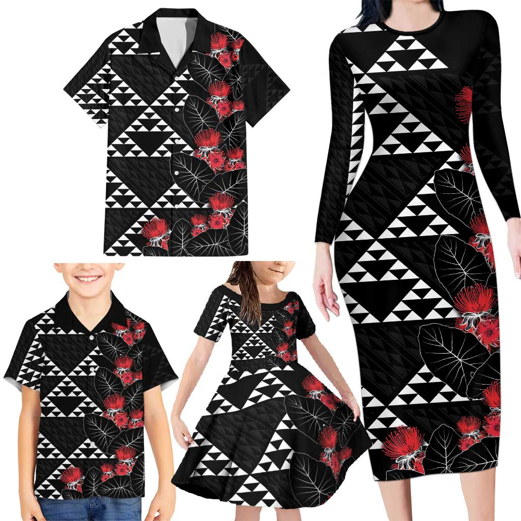 Hawaiian White Kakau Art Tattoo-Ohia Lehua and Taro Leaves Family Matching Long Sleeve Bodycon Dress and Hawaiian Shirt LT03 - Polynesian Pride