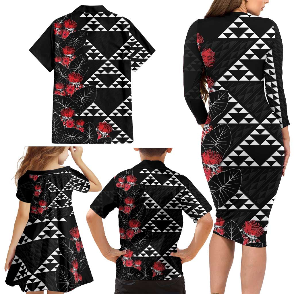 Hawaiian White Kakau Art Tattoo-Ohia Lehua and Taro Leaves Family Matching Long Sleeve Bodycon Dress and Hawaiian Shirt LT03 - Polynesian Pride