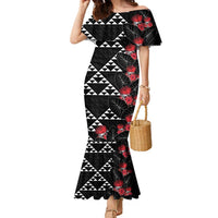 Hawaiian White Kakau Art Tattoo-Ohia Lehua and Taro Leaves Family Matching Mermaid Dress and Hawaiian Shirt LT03 Mom's Dress Black-White - Polynesian Pride
