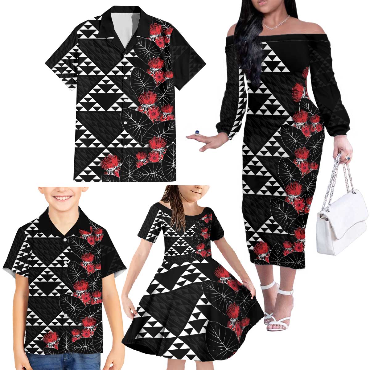 Hawaiian White Kakau Art Tattoo-Ohia Lehua and Taro Leaves Family Matching Off The Shoulder Long Sleeve Dress and Hawaiian Shirt LT03 - Polynesian Pride