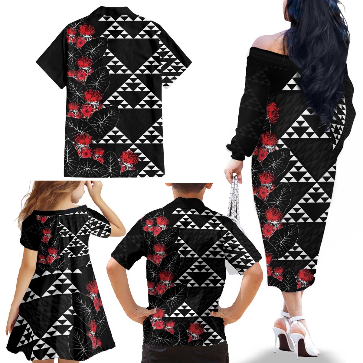 Hawaiian White Kakau Art Tattoo-Ohia Lehua and Taro Leaves Family Matching Off The Shoulder Long Sleeve Dress and Hawaiian Shirt LT03 - Polynesian Pride