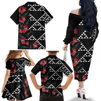 Hawaiian White Kakau Art Tattoo-Ohia Lehua and Taro Leaves Family Matching Off The Shoulder Long Sleeve Dress and Hawaiian Shirt LT03 - Polynesian Pride