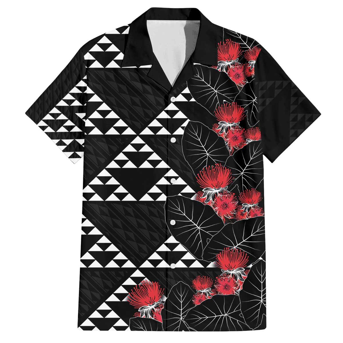 Hawaiian White Kakau Art Tattoo-Ohia Lehua and Taro Leaves Family Matching Off The Shoulder Long Sleeve Dress and Hawaiian Shirt LT03 Dad's Shirt - Short Sleeve Black-White - Polynesian Pride