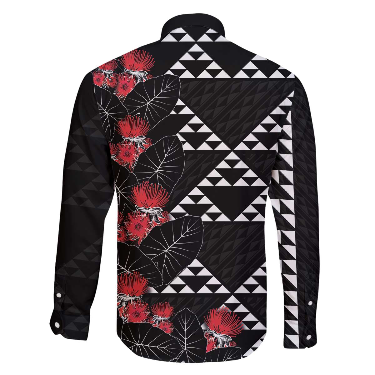 Hawaiian White Kakau Art Tattoo-Ohia Lehua and Taro Leaves Family Matching Off The Shoulder Long Sleeve Dress and Hawaiian Shirt LT03 - Polynesian Pride